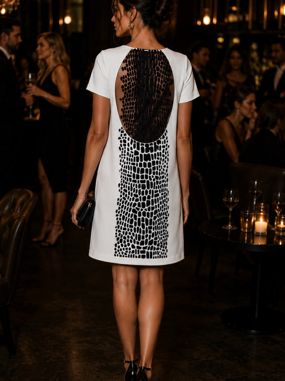 Halston Heritage White Shift Dress with Black Textured Back